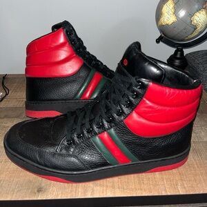 Gucci Web Logo Black Leather High Top Sneakers